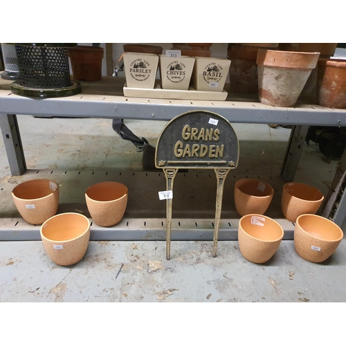 314 - COLLECTION OF TERRACOTTA POTS A BRASS GRANS GARDEN  SIGN ALSO USEFUL BIG WORKSHOP HOOKS