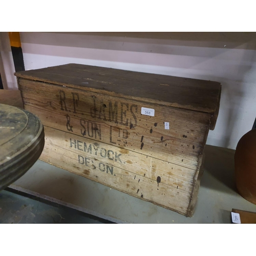 368 - LARGE WOODEN BOX WITH THE NAME R F JAMES AND SON HEMYOCK DEXON