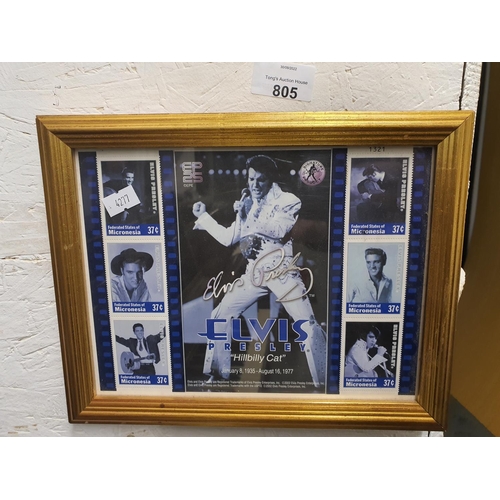 805 - Framed set of collectable Elvis Presley 'Hillbilly Cat' stamps