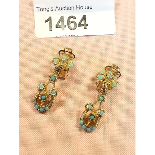 1464 - Pretty yellow gold coloured clip on earrings with lots of small turquoise coloured stones