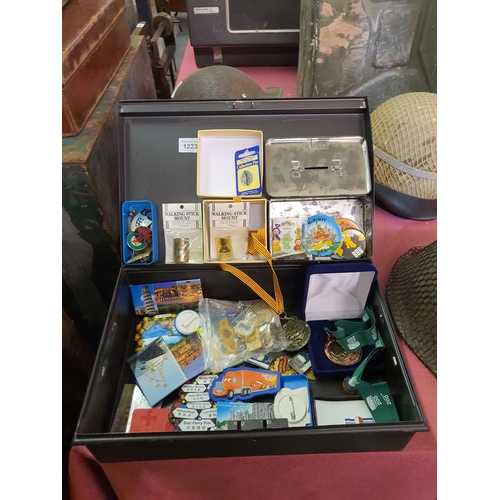 1223 - Metal lockable box with a large collection of various badges and pins