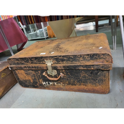 1213 - Very large metal travel trunk Marked M.E.McKINLAY