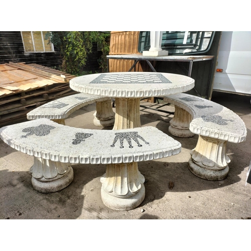 76 - 4-ft beautiful stone round table 3 benches in design of chess board with piece detail to benches stu... 