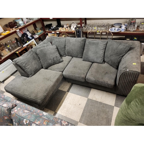 716 - Dark grey ribbed fabric corner sofa, very comfy it just needs a clean, all cushions come off and mac... 