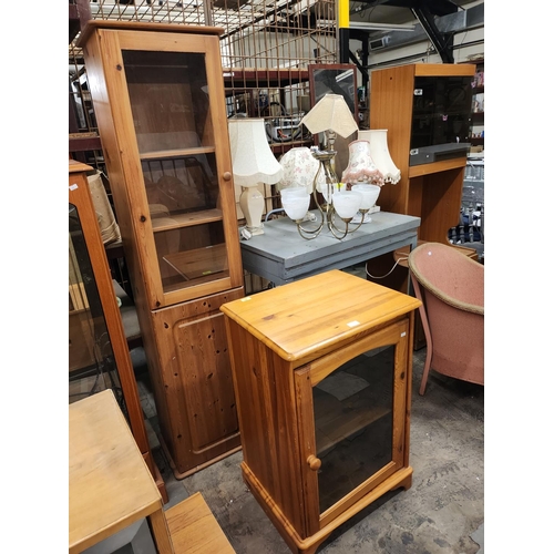 724 - 2 great pieces of solid pine furniture including display unit and glass fronted stereo cabinet