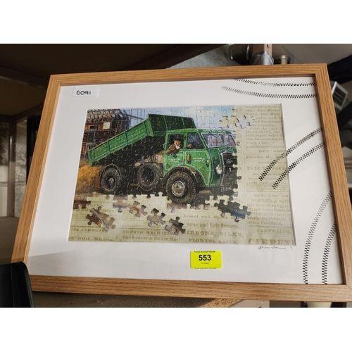 553 - Framed decorative truck picture made from puzzle pieces