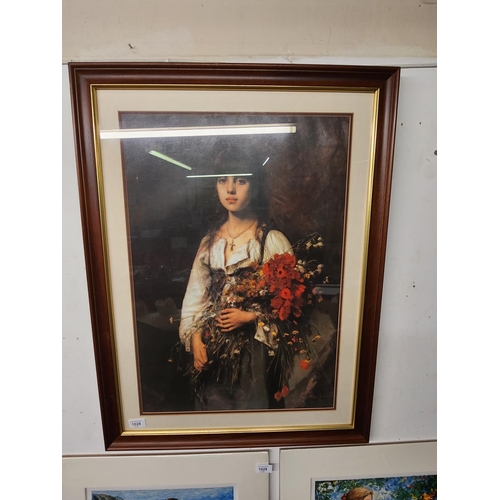 1028 - A very large, nicely framed picture of a girl holding flowers. Signed Harlamoff. in a