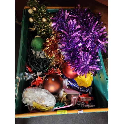 1570 - Large box of Christmas decorations including tinsel, baubles, lights and gift bows