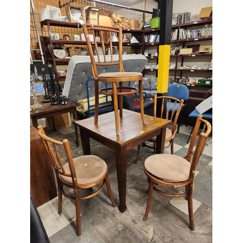 3044 - Square solid wooden pub table and four spindle back bentwood chairs