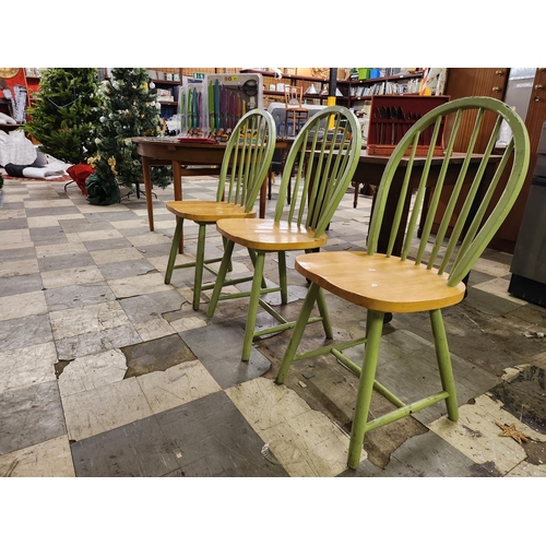 3065 - Three wooden beech green painted kitchen spindle back chairs