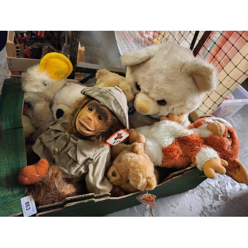 863 - Collection of children’s soft toys and teddies including monkey and Gremlin