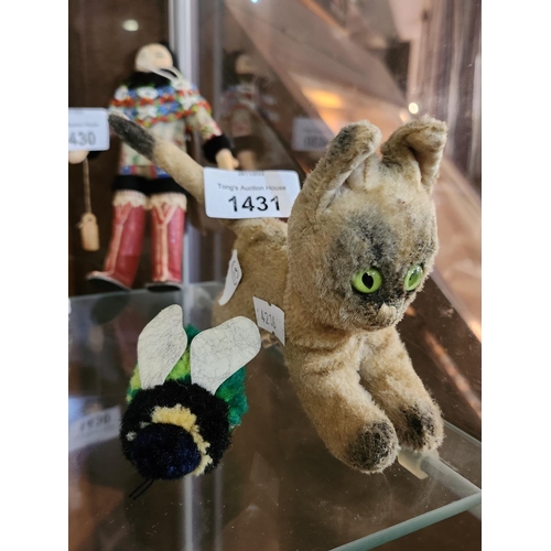 1431 - Steiff bumble bee 7383/06 and antique early 19 century mohair straw filled cat with glass eyes and p... 