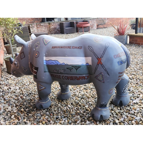 60 - Kenyan Painted Rhino statue garden feature, painted by Mugie Primary School for Chester Zoo one off ... 