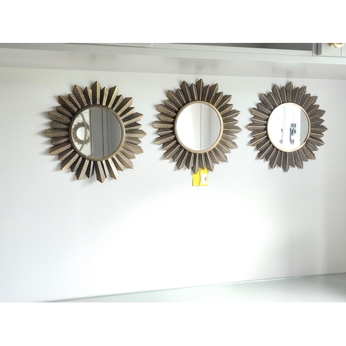 387 - Set of three brass leaf design sun burst  style small wall mirrors