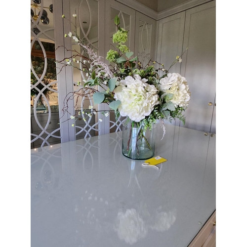 389 - Beautiful large heavy glass vase includes wonderful bouquet of artificial flowers