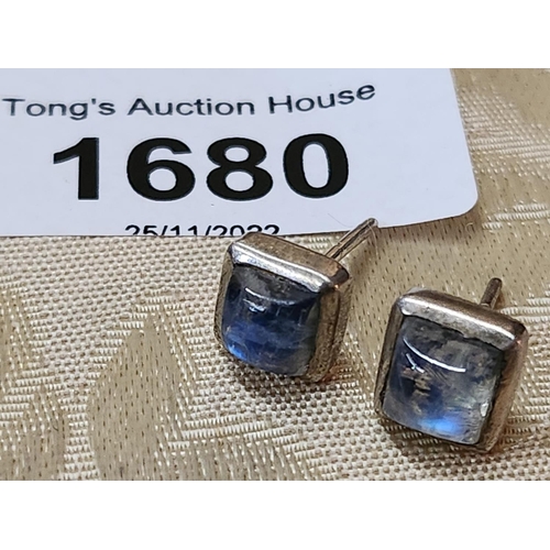 1680 - A pair of silver tone square stud earrings with rainbow moonstone