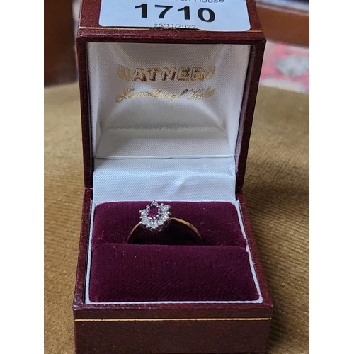 1710 - 9ct Gold Ruby and Diamond ring, 6 larger Diamonds and 6 Smaller Diamonds in perfect condition Size o