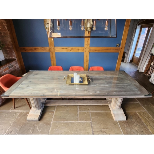 198 - Bespoke Large Column Leg Dining Table with tempered glass protective top H76.5 W110cm L270cm cost £2... 