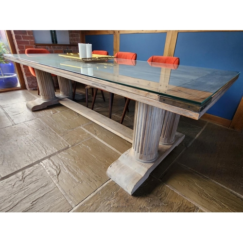 198 - Bespoke Large Column Leg Dining Table with tempered glass protective top H76.5 W110cm L270cm cost £2... 