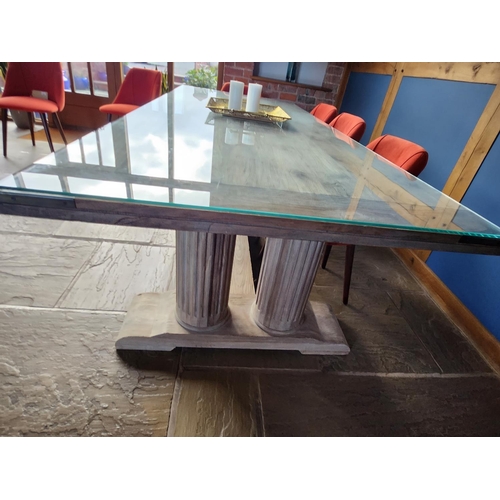 198 - Bespoke Large Column Leg Dining Table with tempered glass protective top H76.5 W110cm L270cm cost £2... 