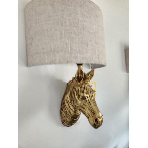 384 - Pair of gold coloured zebra head designer wall lights and shades