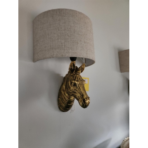 384 - Pair of gold coloured zebra head designer wall lights and shades