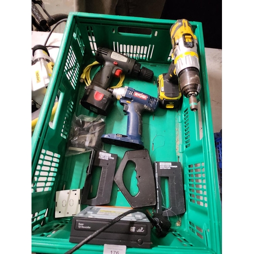 176 - job lot Selection of three battery drills, one drill driver, one Stanley, one Ryobi three joist /stu... 