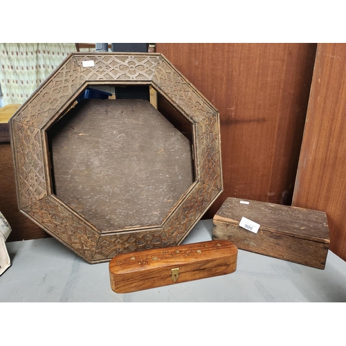 908 - Collection of wooden items including 2 wooden boxes and Indian carved 8 sided picture frame