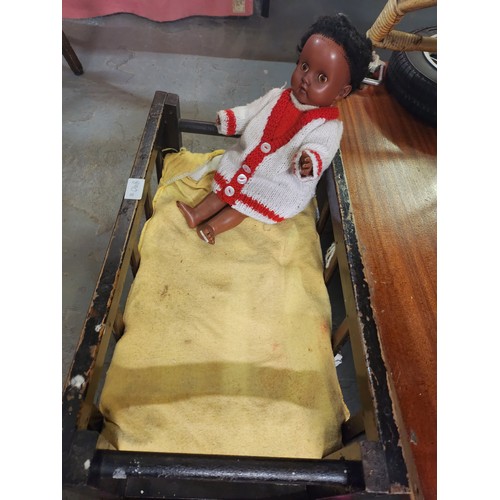 890B - Vintage wooden doll cot and doll