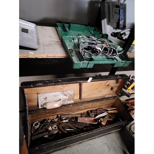 234 - Wooden toolbox, various tools and a Bosch electric drill