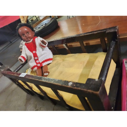 890B - Vintage wooden doll cot and doll