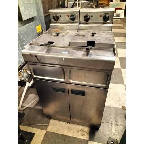 447 - Commercial electric double deep fat fryer with cupboard