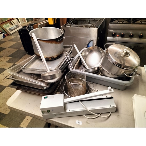 464 - Large collection of commercial catering equipment including food sealer, metal trays and pans
