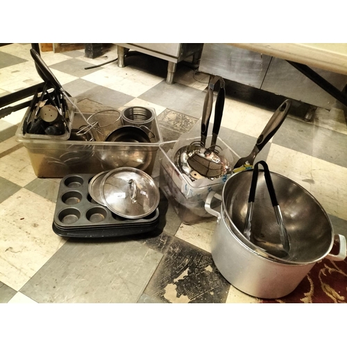 467 - Large collection of commercial catering equipment including utensils, large pan, baskets and oven tr... 