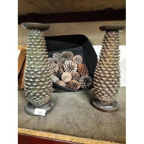 753 - 2 decorative acorn candle holders (1 damaged) plus large collection of cones