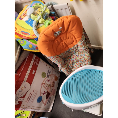 1702 - Job lot includes Angel care babies bath support, childrens play cube, 2 play mats, a storage box and... 