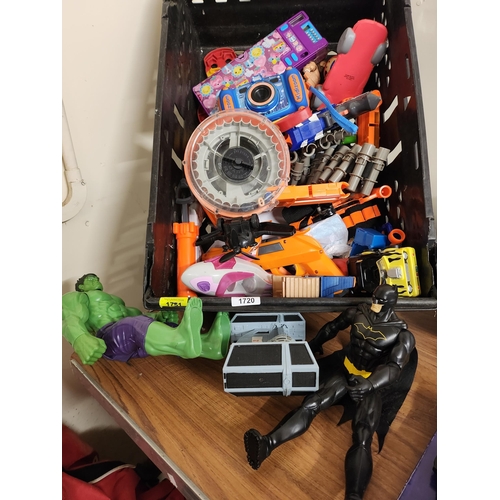 1720 - Large box of toys including as new kidizoom camera, smiggle pencil case and hulk action figure and b... 