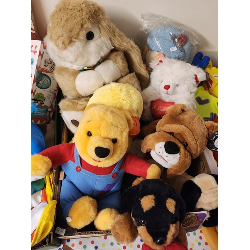 1745 - Large box of soft toys includes winnie the pooh and a few cute little dogs