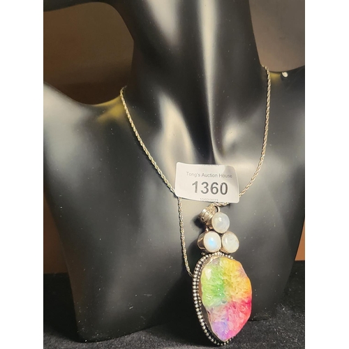 1360 - Beautiful 925 silv er necklace with large rainbow silver quartz crystal and 3 round gemstone pendant