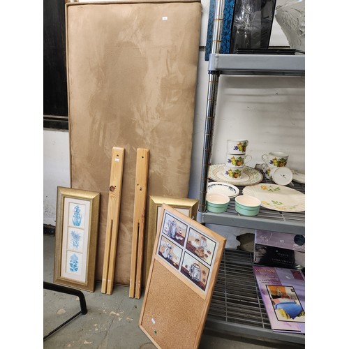 419F - Crockery, cork notice board beautiful single head board also 2 framed pretty floral pictures