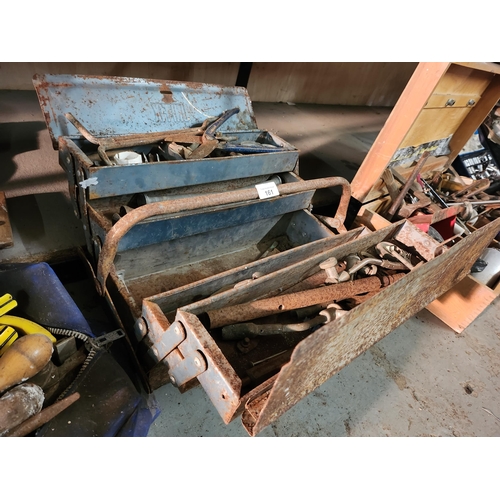 161 - An old metal tool box and contents.