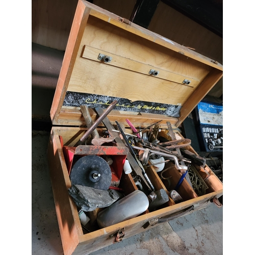 162 - An old wooden toolbox and contents.