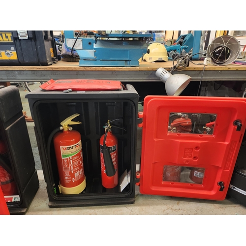 366 - Fire extinguisher box with extinguishers and a fire blanket