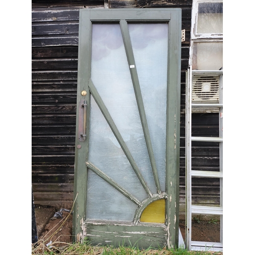 75 - An interesting Art Deco solid wood front door with glazed panels. 86.5cm wide, by 2.08 meters tall. ... 