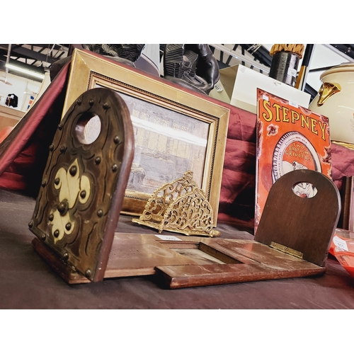 510 - A lovely hard wood book stand with Arabic style decoration and a small brass letter holder