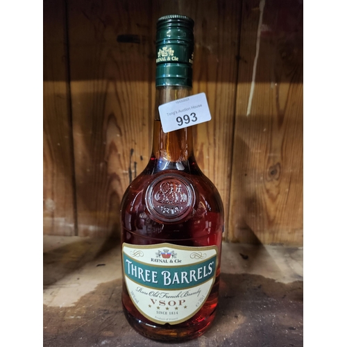 993 - Bottle and contents unopened three barrels brandy