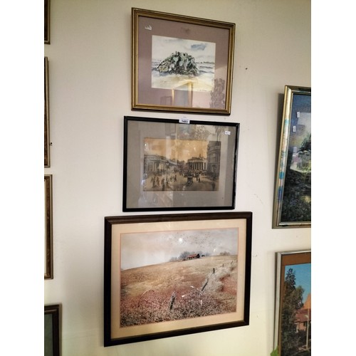 1483 - 3 framed prints, a coastal scene, a vintage city scene and a rural fields scene