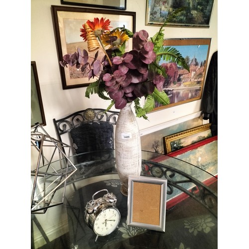 1486 - A tall ceramic vase with artificial flowers together with a old style alarm clock and picture frame