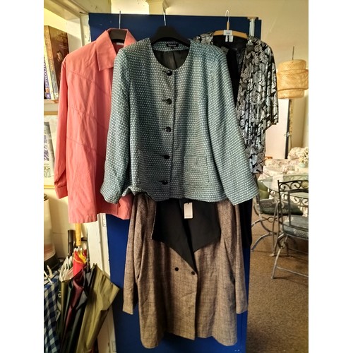 1495 - 3 stylish jackets, one coral pink in a size 26, one blue with silver flecks from Marisota size 32, o... 