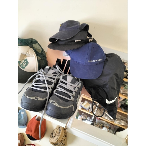 1574 - Collection of baseball caps including Quicksilver and DC, a Nike bag and pair of DC trainers size UK... 